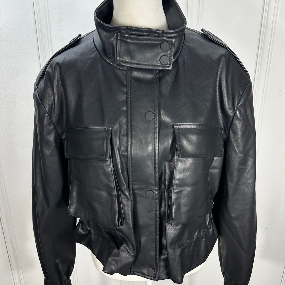 Azalea Wang Faux Leather Jacket Womens Large Black Excellent Cropped Utility - Picture 2 of 16